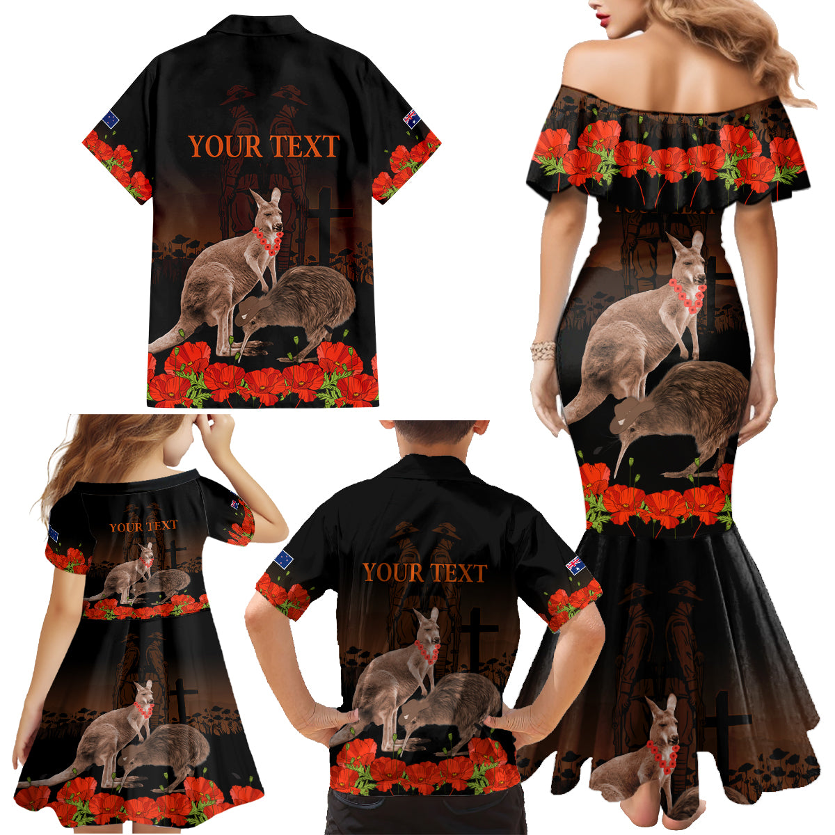 Kangaroo and Kiwi Bird ANZAC Day Custom Family Matching Mermaid Dress and Hawaiian Shirt Soldier Style LT9 - Polynesian Pride