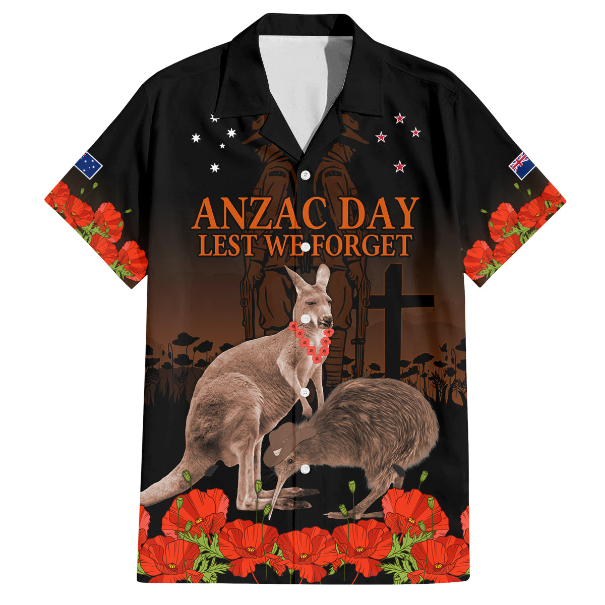 Kangaroo and Kiwi Bird ANZAC Day Custom Family Matching Off Shoulder Short Dress and Hawaiian Shirt Soldier Style LT9 Dad's Shirt - Short Sleeve Black - Polynesian Pride