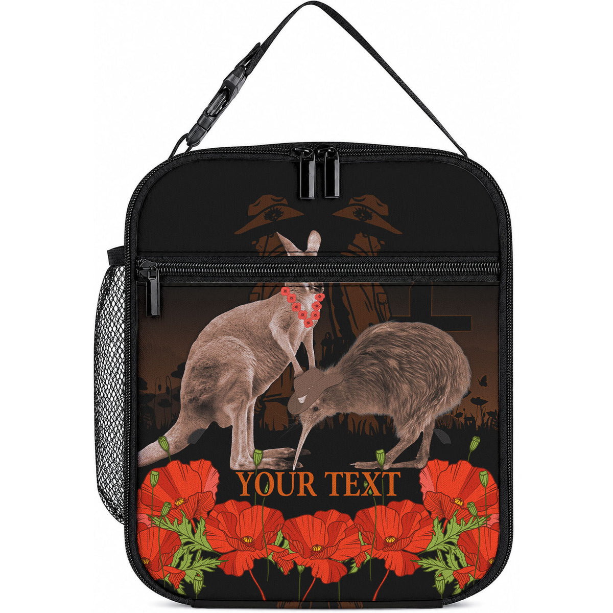 Kangaroo and Kiwi Bird ANZAC Day Custom Lunch Bag Soldier Style LT9 10.2 × 8.3 × 4.3 inch Black - Polynesian Pride