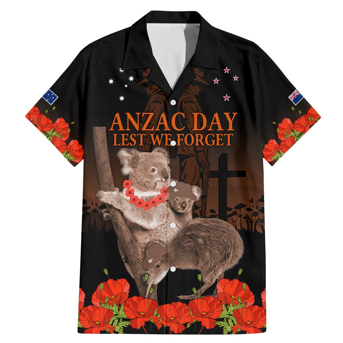 Koala and Kiwi Bird ANZAC Day Custom Family Matching Mermaid Dress and Hawaiian Shirt Soldier Style LT9 Dad's Shirt - Short Sleeve Black - Polynesian Pride
