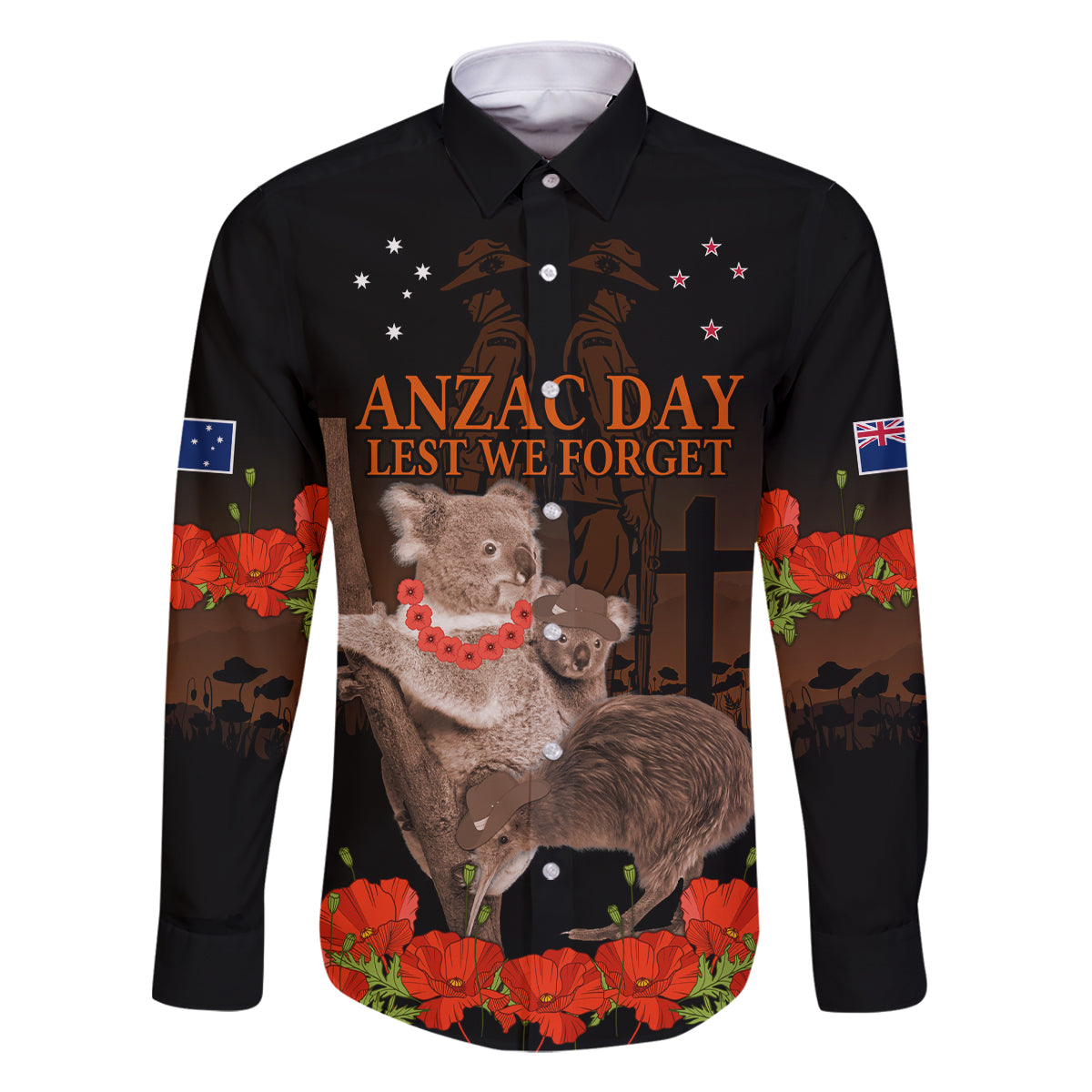 Koala and Kiwi Bird ANZAC Day Custom Family Matching Off Shoulder Short Dress and Hawaiian Shirt Soldier Style LT9 Dad's Shirt - Long Sleeve Black - Polynesian Pride