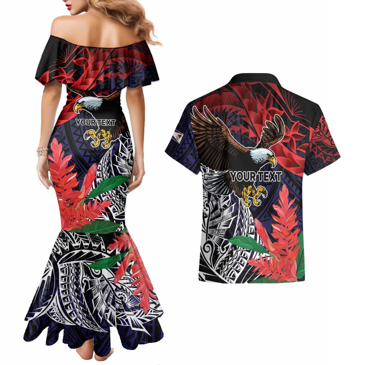 American Samoa Bald Eagle Personalized Couples Matching Mermaid Dress and Hawaiian Shirt Samoa Muamua Le Atua