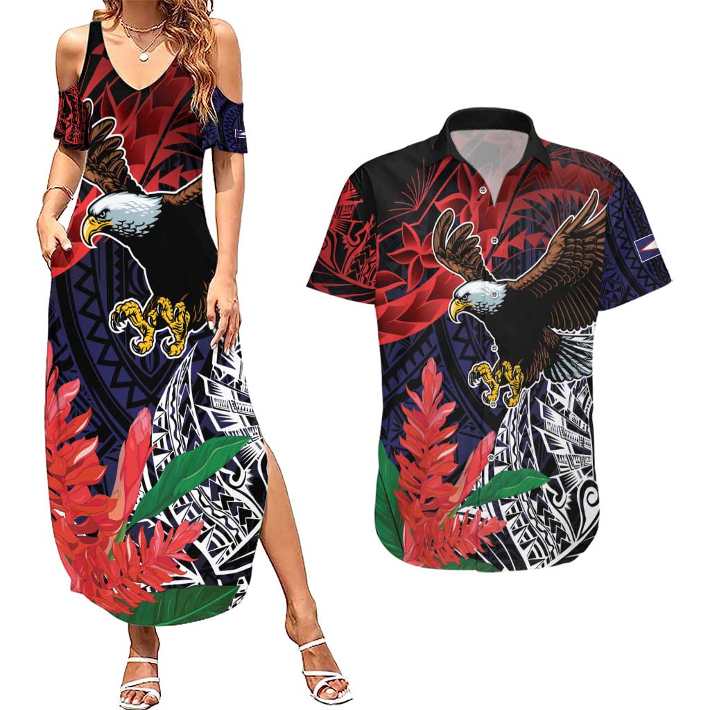American Samoa Bald Eagle Personalized Couples Matching Summer Maxi Dress and Hawaiian Shirt Samoa Muamua Le Atua