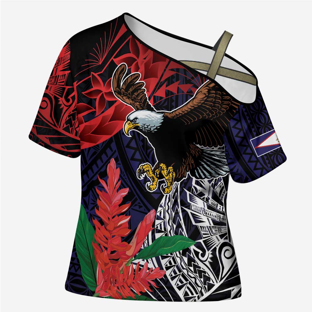 American Samoa Bald Eagle Personalized Cross Shoulder Shirt Samoa Muamua Le Atua - Polynesian Pride