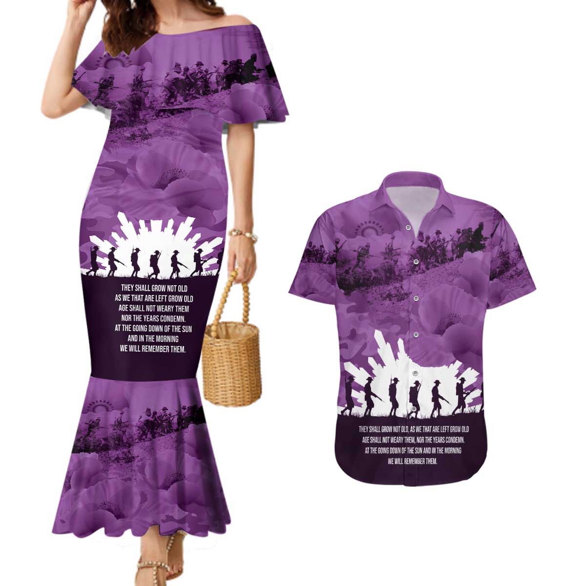 Anzac Day Gallipoli Personalised Couples Matching Mermaid Dress and Hawaiian Shirt Purple Poppy Flowers LT9 Purple - Polynesian Pride