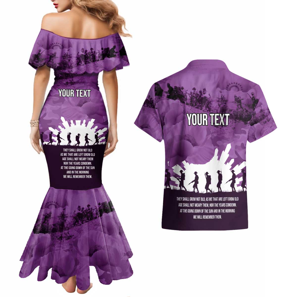 Anzac Day Gallipoli Personalised Couples Matching Mermaid Dress and Hawaiian Shirt Purple Poppy Flowers LT9 - Polynesian Pride