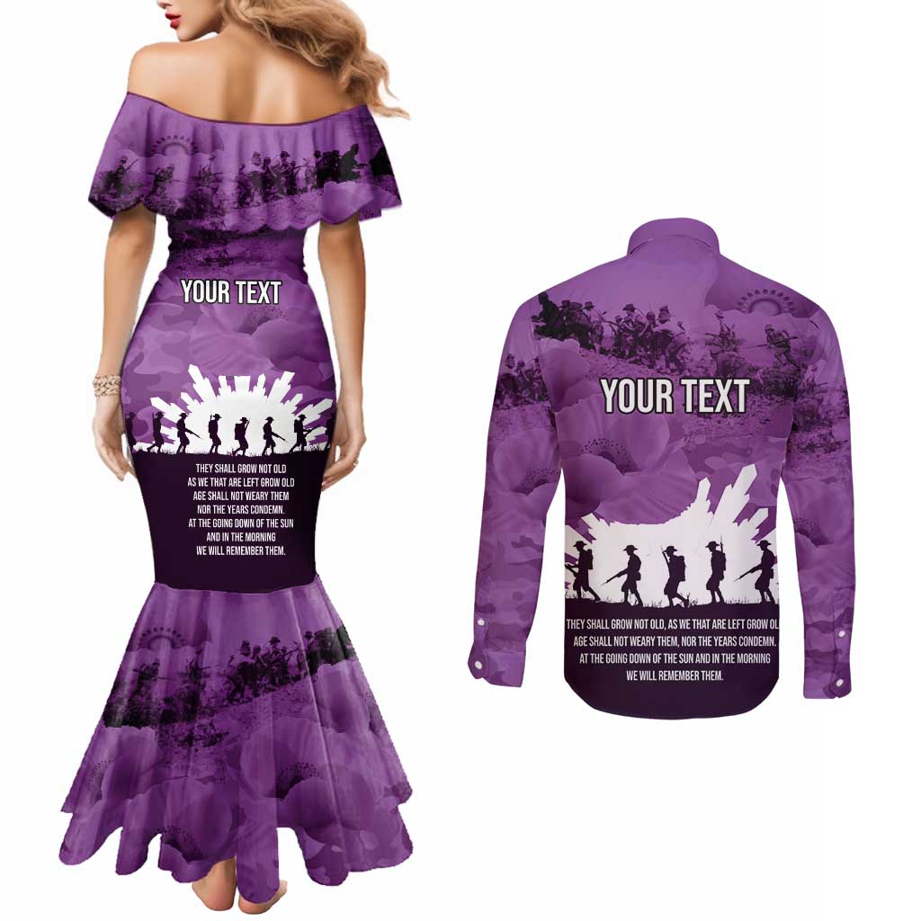 Anzac Day Gallipoli Personalised Couples Matching Mermaid Dress and Long Sleeve Button Shirt Purple Poppy Flowers LT9 - Polynesian Pride