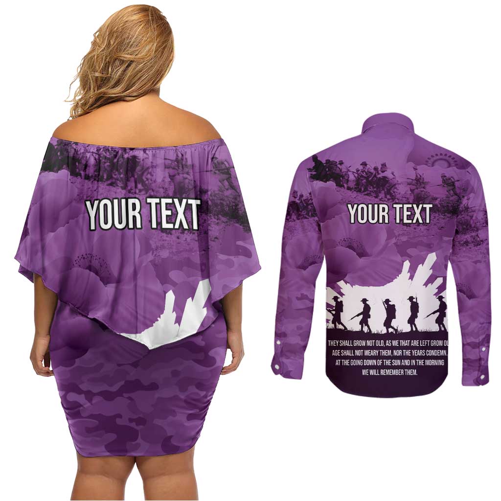 Anzac Day Gallipoli Personalised Couples Matching Off Shoulder Short Dress and Long Sleeve Button Shirt Purple Poppy Flowers
