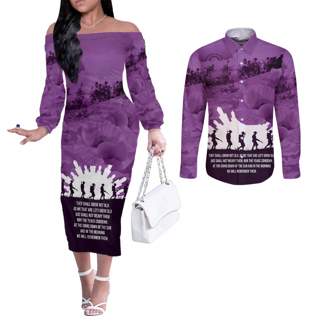 Anzac Day Gallipoli Personalised Couples Matching Off The Shoulder Long Sleeve Dress and Long Sleeve Button Shirt Purple Poppy Flowers LT9 Purple - Polynesian Pride