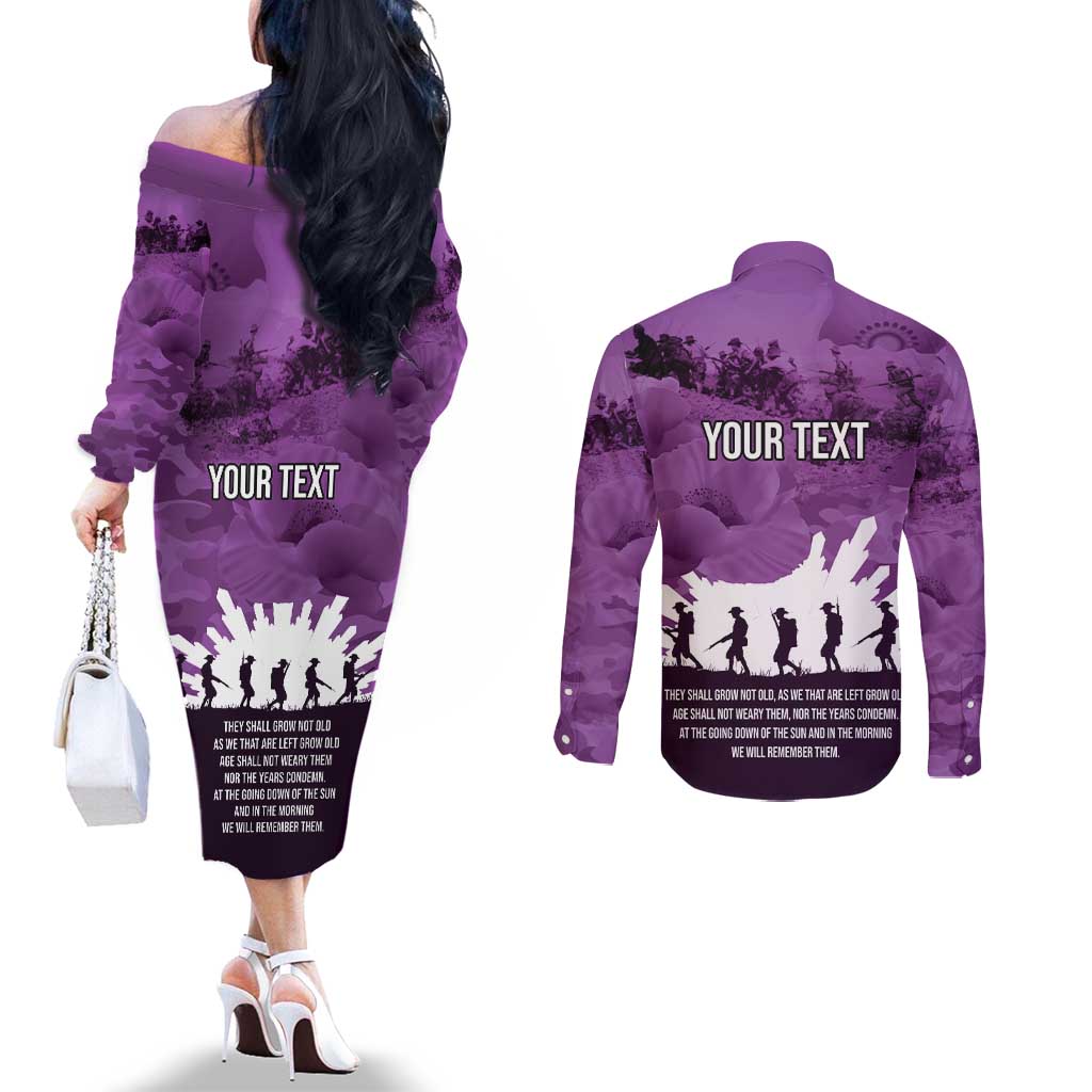 Anzac Day Gallipoli Personalised Couples Matching Off The Shoulder Long Sleeve Dress and Long Sleeve Button Shirt Purple Poppy Flowers LT9 - Polynesian Pride