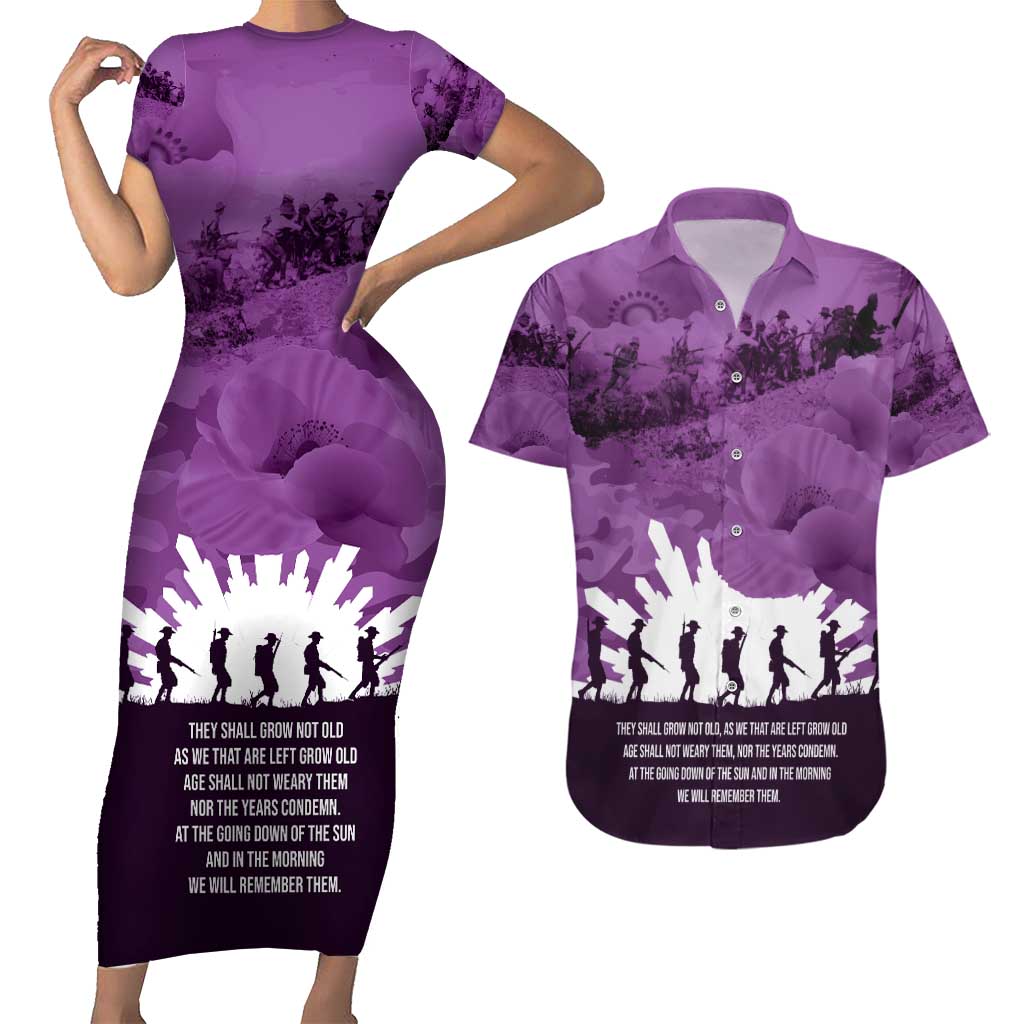 Anzac Day Gallipoli Personalised Couples Matching Short Sleeve Bodycon Dress and Hawaiian Shirt Purple Poppy Flowers LT9 Purple - Polynesian Pride
