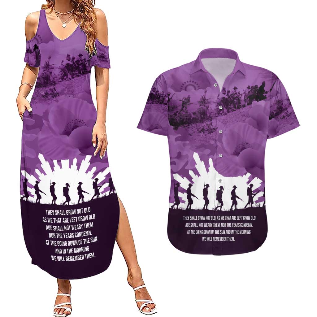 Anzac Day Gallipoli Personalised Couples Matching Summer Maxi Dress and Hawaiian Shirt Purple Poppy Flowers LT9 Purple - Polynesian Pride