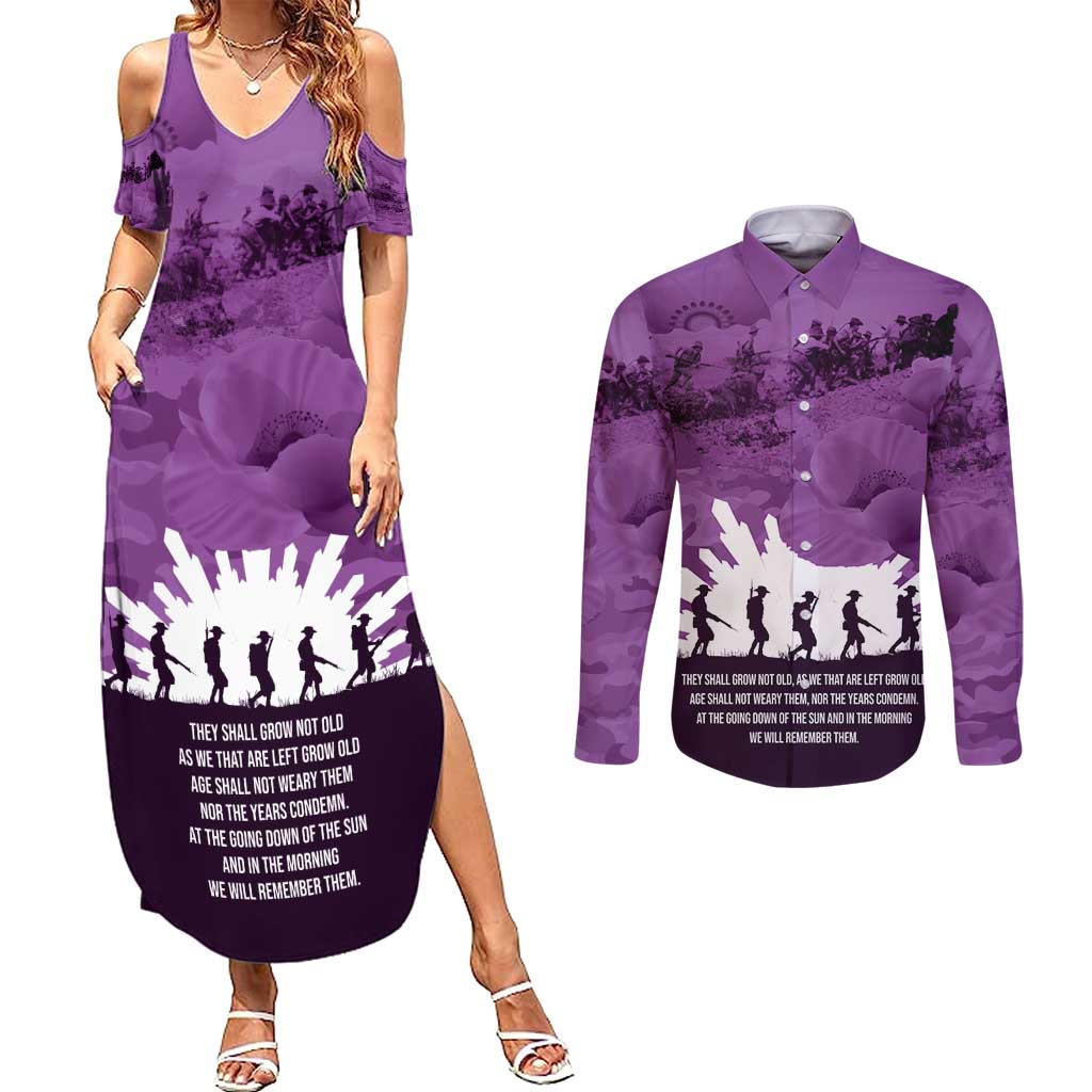 Anzac Day Gallipoli Personalised Couples Matching Summer Maxi Dress and Long Sleeve Button Shirt Purple Poppy Flowers LT9 Purple - Polynesian Pride