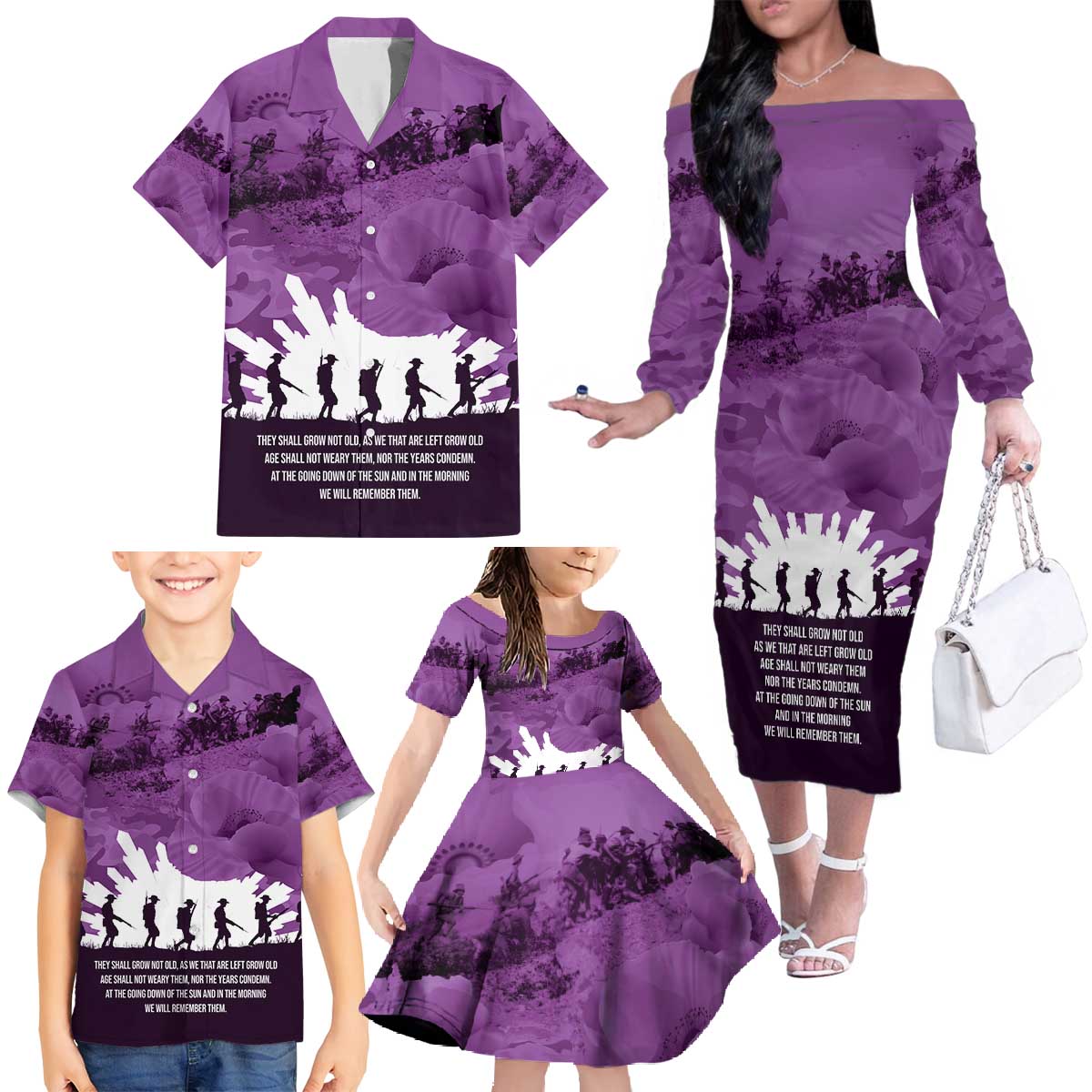 Anzac Day Gallipoli Personalised Family Matching Off The Shoulder Long Sleeve Dress and Hawaiian Shirt Purple Poppy Flowers LT9 - Polynesian Pride