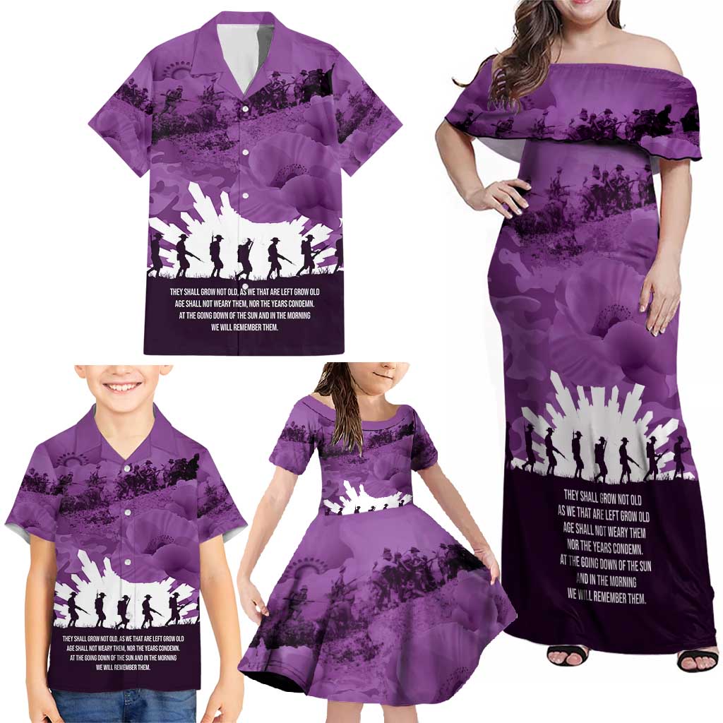 Anzac Day Gallipoli Personalised Family Matching Off Shoulder Maxi Dress and Hawaiian Shirt Purple Poppy Flowers LT9 - Polynesian Pride