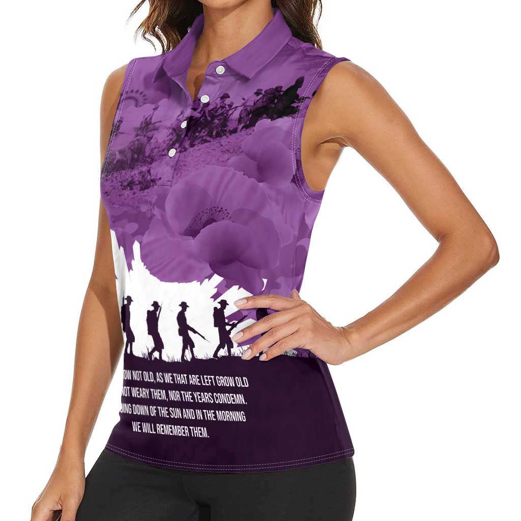 Anzac Day Gallipoli Personalised Women Sleeveless Polo Shirt Purple Poppy Flowers