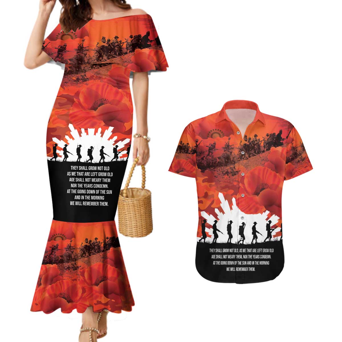 Anzac Day Gallipoli Personalised Couples Matching Mermaid Dress and Hawaiian Shirt Red Poppy Flowers LT9 Red - Polynesian Pride