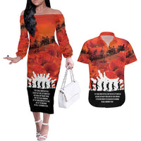 Anzac Day Gallipoli Personalised Couples Matching Off The Shoulder Long Sleeve Dress and Hawaiian Shirt Red Poppy Flowers LT9 Red - Polynesian Pride