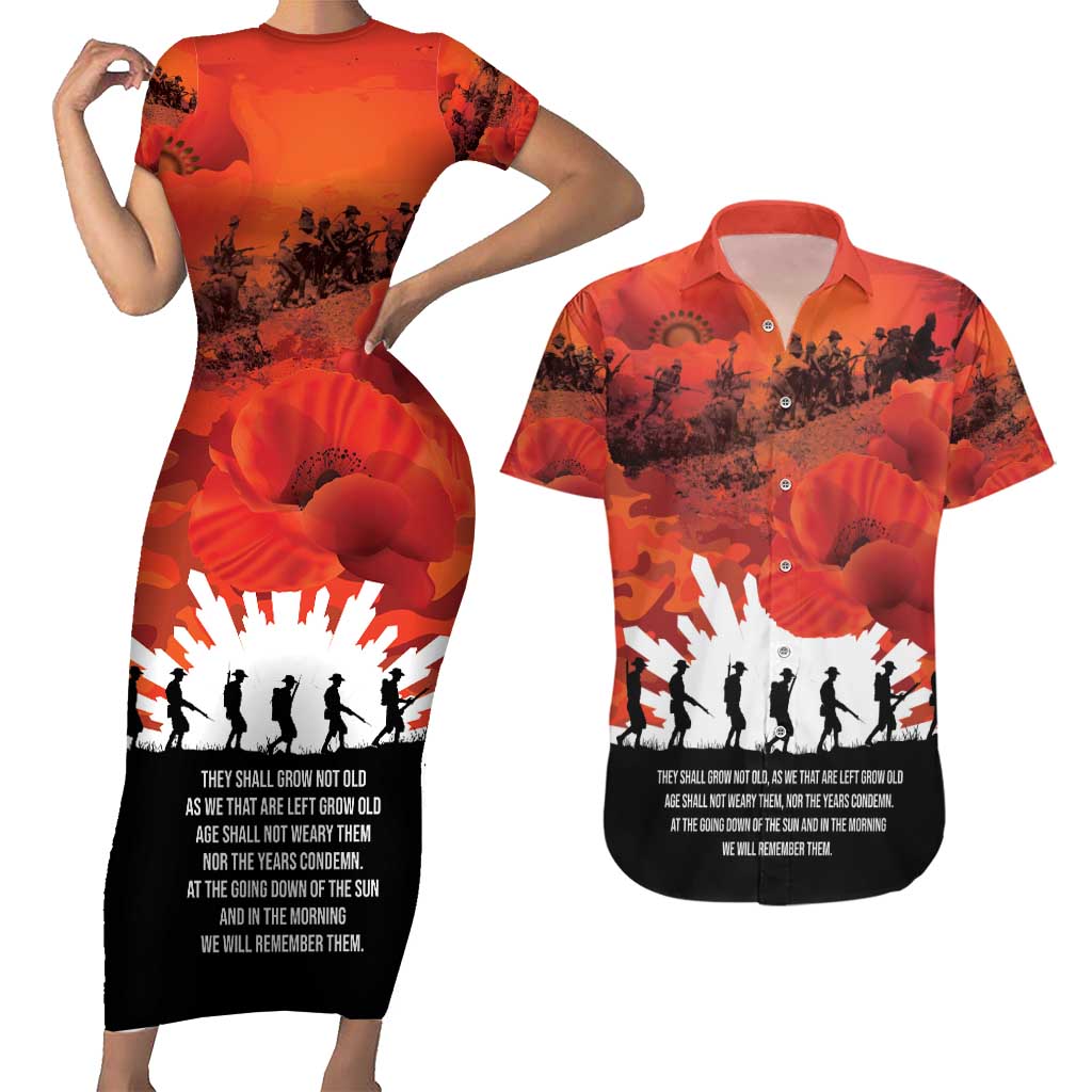Anzac Day Gallipoli Personalised Couples Matching Short Sleeve Bodycon Dress and Hawaiian Shirt Red Poppy Flowers LT9 Red - Polynesian Pride