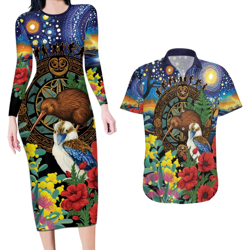 Kiwi-Kookaburra Bird ANZAC Personalised Couples Matching Long Sleeve Bodycon Dress and Hawaiian Shirt Aussie Golden Wattle Poppy Flowers LT9 Blue - Polynesian Pride