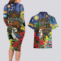 Kiwi-Kookaburra Bird ANZAC Personalised Couples Matching Long Sleeve Bodycon Dress and Hawaiian Shirt Aussie Golden Wattle Poppy Flowers LT9 - Polynesian Pride
