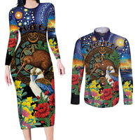 Kiwi-Kookaburra Bird ANZAC Personalised Couples Matching Long Sleeve Bodycon Dress and Long Sleeve Button Shirt Aussie Golden Wattle Poppy Flowers LT9 Blue - Polynesian Pride