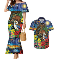 Kiwi-Kookaburra Bird ANZAC Personalised Couples Matching Mermaid Dress and Hawaiian Shirt Aussie Golden Wattle Poppy Flowers LT9 Blue - Polynesian Pride
