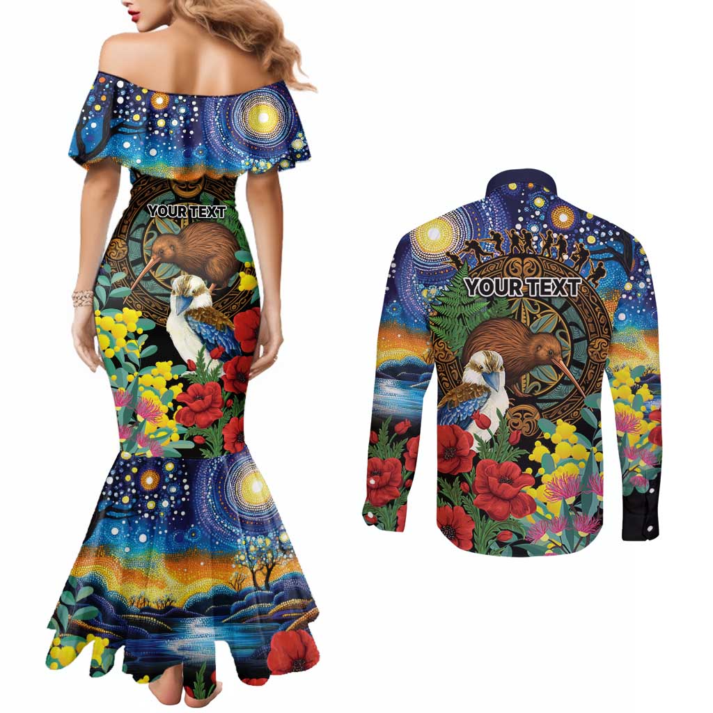 Kiwi-Kookaburra Bird ANZAC Personalised Couples Matching Mermaid Dress and Long Sleeve Button Shirt Aussie Golden Wattle Poppy Flowers LT9 - Polynesian Pride