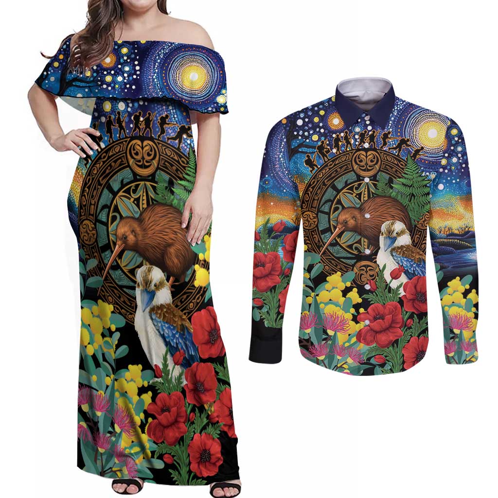 Kiwi-Kookaburra Bird ANZAC Personalised Couples Matching Off Shoulder Maxi Dress and Long Sleeve Button Shirt Aussie Golden Wattle Poppy Flowers LT9 Blue - Polynesian Pride