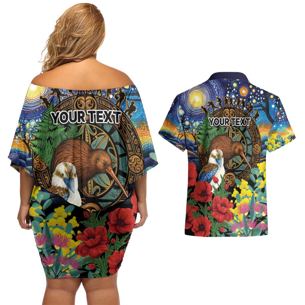 Kiwi-Kookaburra Bird ANZAC Personalised Couples Matching Off Shoulder Short Dress and Hawaiian Shirt Aussie Golden Wattle Poppy Flowers LT9 - Polynesian Pride