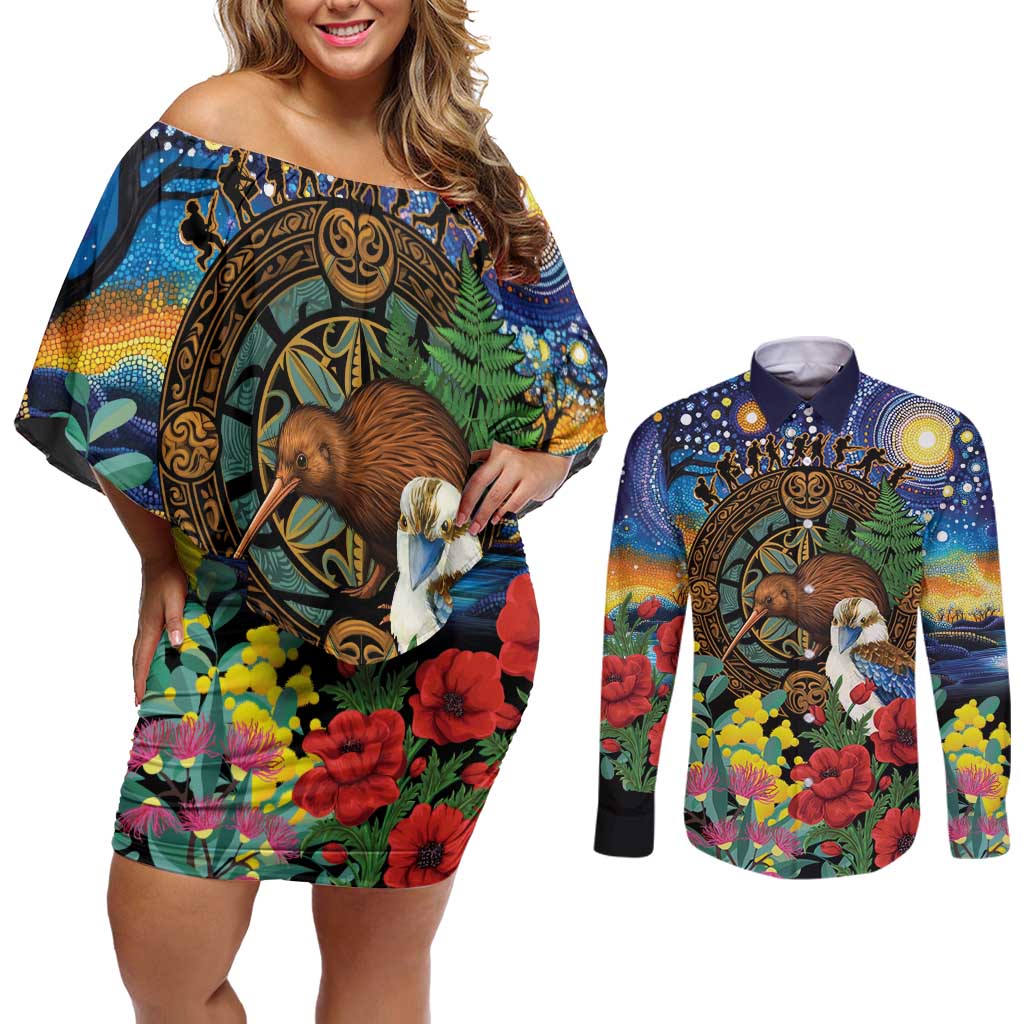 Kiwi-Kookaburra Bird ANZAC Personalised Couples Matching Off Shoulder Short Dress and Long Sleeve Button Shirt Aussie Golden Wattle Poppy Flowers LT9 Blue - Polynesian Pride
