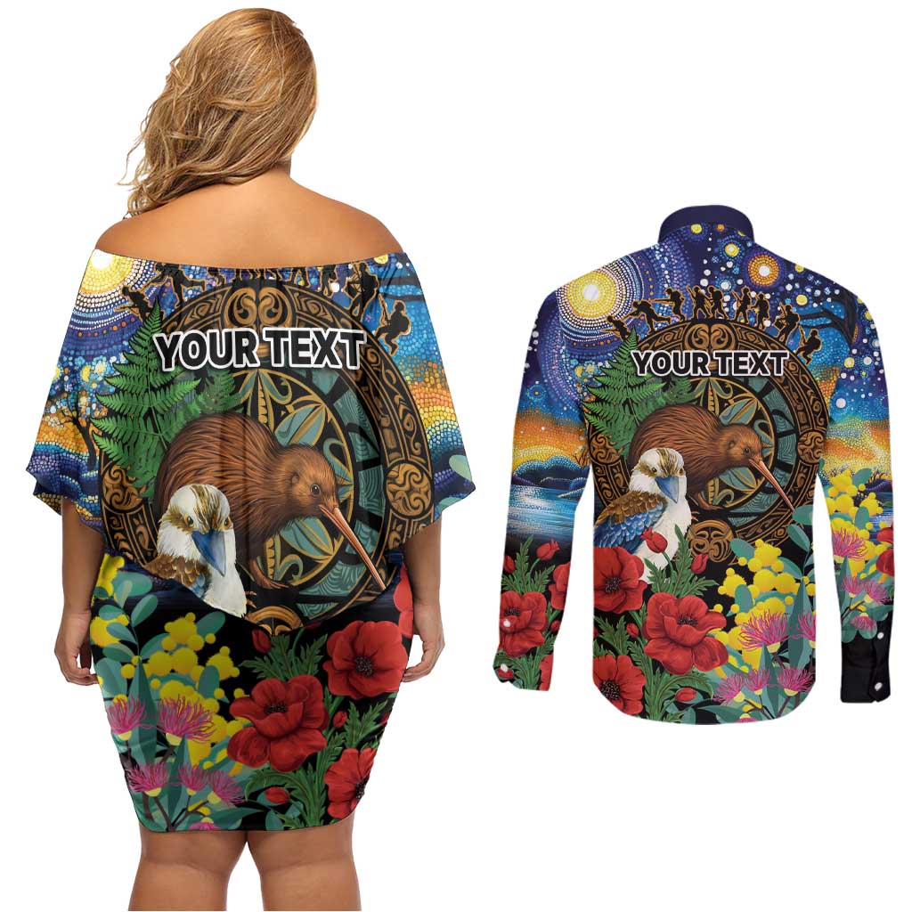 Kiwi-Kookaburra Bird ANZAC Personalised Couples Matching Off Shoulder Short Dress and Long Sleeve Button Shirt Aussie Golden Wattle Poppy Flowers LT9 - Polynesian Pride