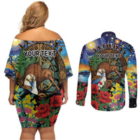Kiwi-Kookaburra Bird ANZAC Personalised Couples Matching Off Shoulder Short Dress and Long Sleeve Button Shirt Aussie Golden Wattle Poppy Flowers LT9 - Polynesian Pride