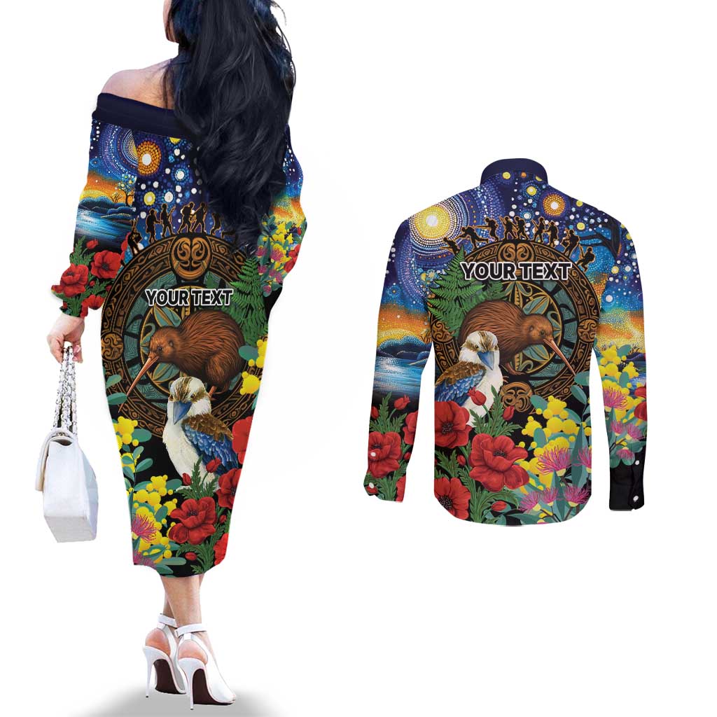 Kiwi-Kookaburra Bird ANZAC Personalised Couples Matching Off The Shoulder Long Sleeve Dress and Long Sleeve Button Shirt Aussie Golden Wattle Poppy Flowers LT9 - Polynesian Pride
