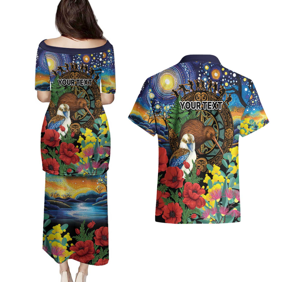 Kiwi-Kookaburra Bird ANZAC Personalised Couples Matching Puletasi and Hawaiian Shirt Aussie Golden Wattle Poppy Flowers LT9 - Polynesian Pride