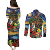 Kiwi-Kookaburra Bird ANZAC Personalised Couples Matching Puletasi and Long Sleeve Button Shirt Aussie Golden Wattle Poppy Flowers
