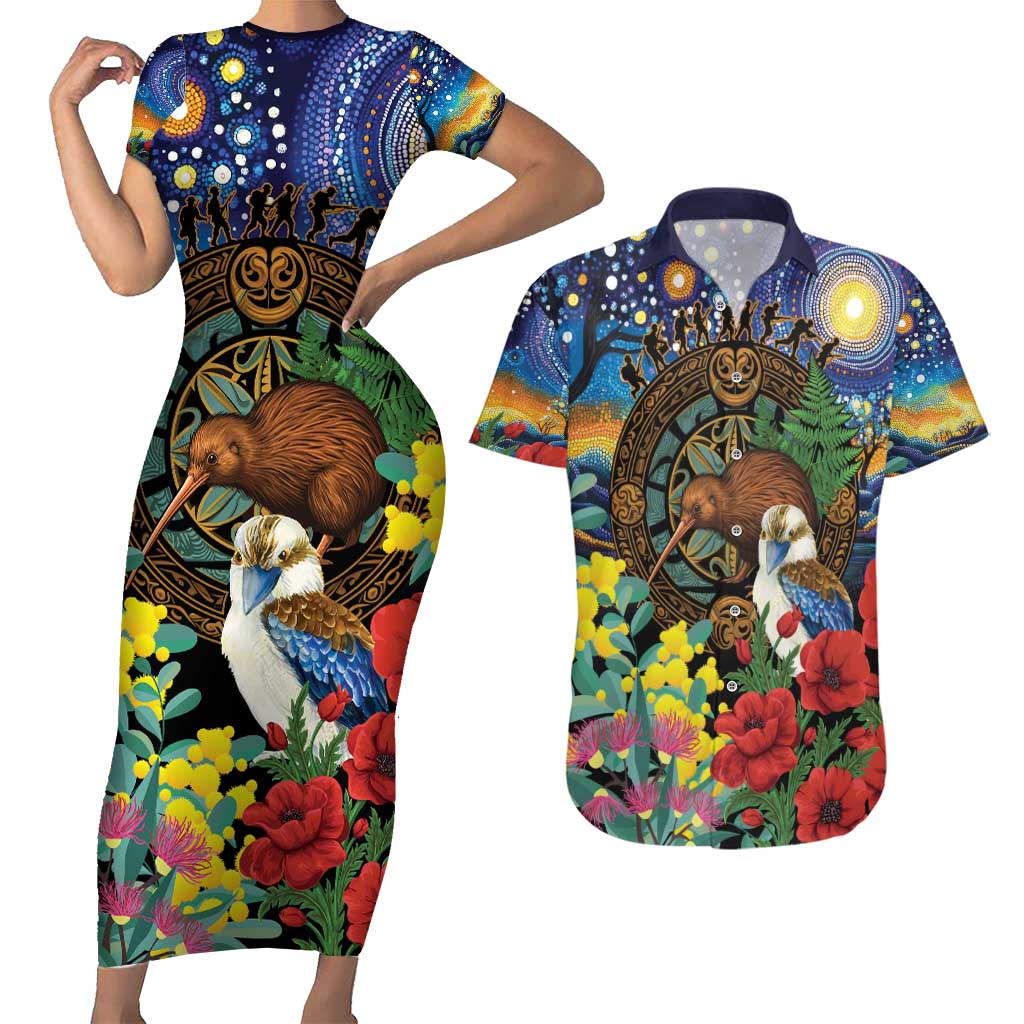 Kiwi-Kookaburra Bird ANZAC Personalised Couples Matching Short Sleeve Bodycon Dress and Hawaiian Shirt Aussie Golden Wattle Poppy Flowers LT9 Blue - Polynesian Pride