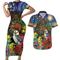 Kiwi-Kookaburra Bird ANZAC Personalised Couples Matching Short Sleeve Bodycon Dress and Hawaiian Shirt Aussie Golden Wattle Poppy Flowers LT9 Blue - Polynesian Pride