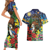 Kiwi-Kookaburra Bird ANZAC Personalised Couples Matching Short Sleeve Bodycon Dress and Hawaiian Shirt Aussie Golden Wattle Poppy Flowers LT9 - Polynesian Pride