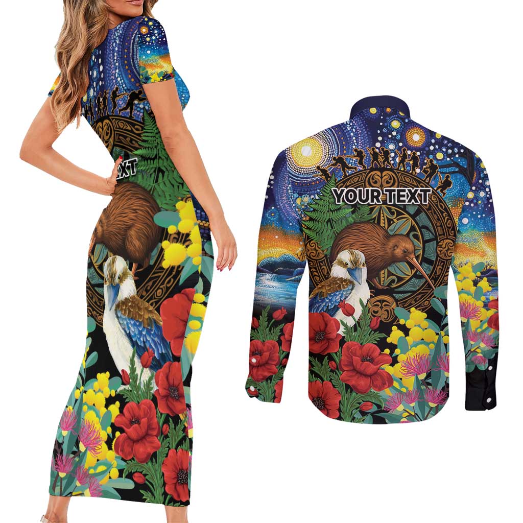 Kiwi-Kookaburra Bird ANZAC Personalised Couples Matching Short Sleeve Bodycon Dress and Long Sleeve Button Shirt Aussie Golden Wattle Poppy Flowers LT9 - Polynesian Pride