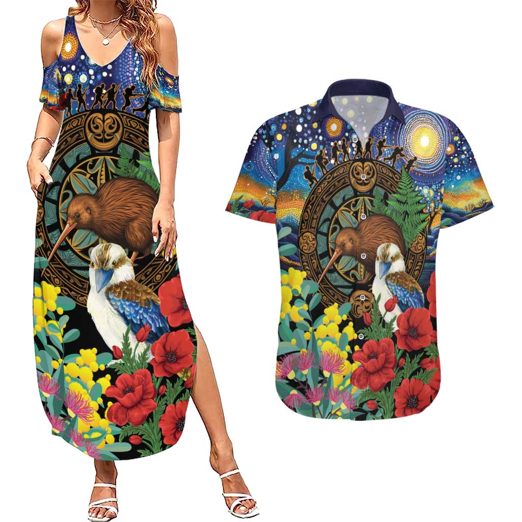 Kiwi-Kookaburra Bird ANZAC Personalised Couples Matching Summer Maxi Dress and Hawaiian Shirt Aussie Golden Wattle Poppy Flowers LT9 Blue - Polynesian Pride