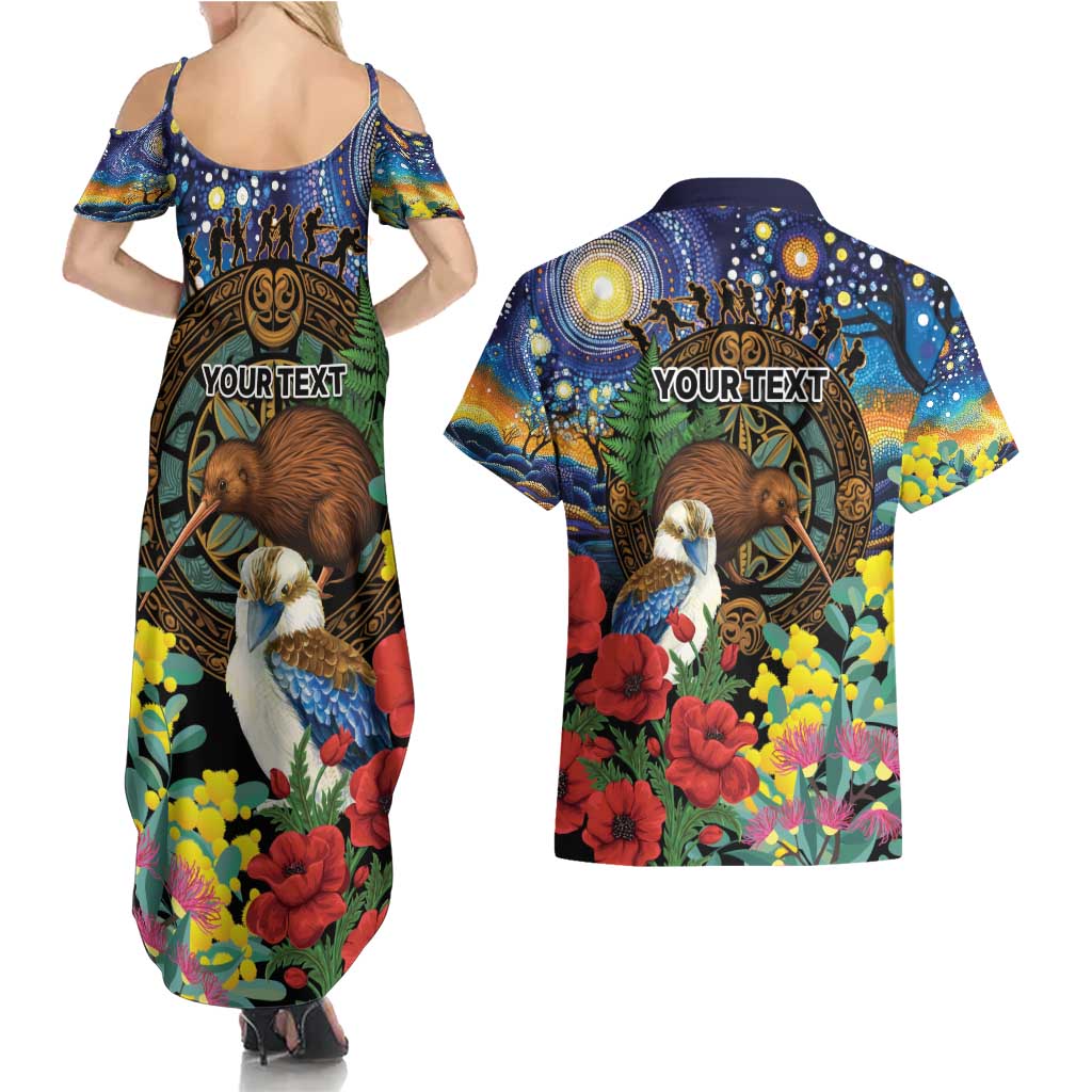 Kiwi-Kookaburra Bird ANZAC Personalised Couples Matching Summer Maxi Dress and Hawaiian Shirt Aussie Golden Wattle Poppy Flowers LT9 - Polynesian Pride