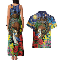 Kiwi-Kookaburra Bird ANZAC Personalised Couples Matching Tank Maxi Dress and Hawaiian Shirt Aussie Golden Wattle Poppy Flowers LT9 - Polynesian Pride