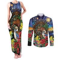 Kiwi-Kookaburra Bird ANZAC Personalised Couples Matching Tank Maxi Dress and Long Sleeve Button Shirt Aussie Golden Wattle Poppy Flowers LT9 Blue - Polynesian Pride