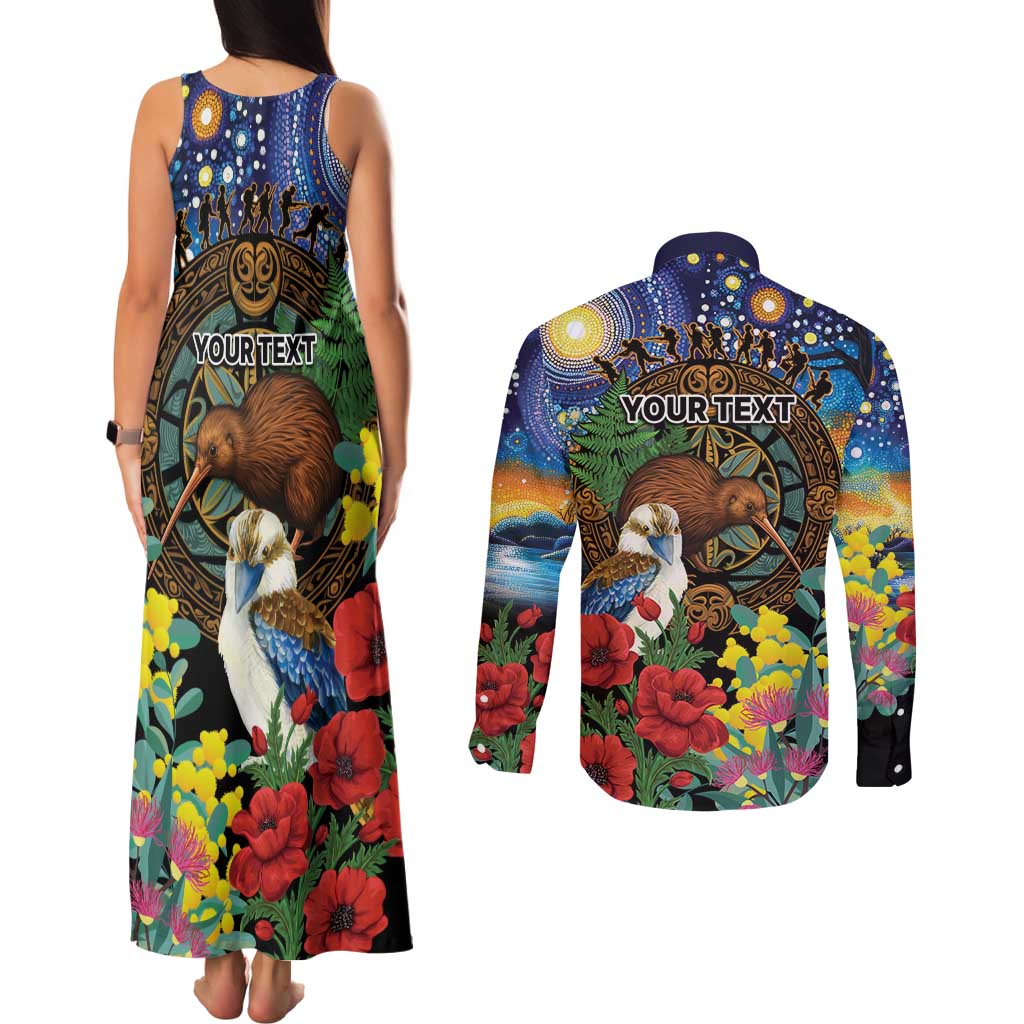 Kiwi-Kookaburra Bird ANZAC Personalised Couples Matching Tank Maxi Dress and Long Sleeve Button Shirt Aussie Golden Wattle Poppy Flowers LT9 - Polynesian Pride