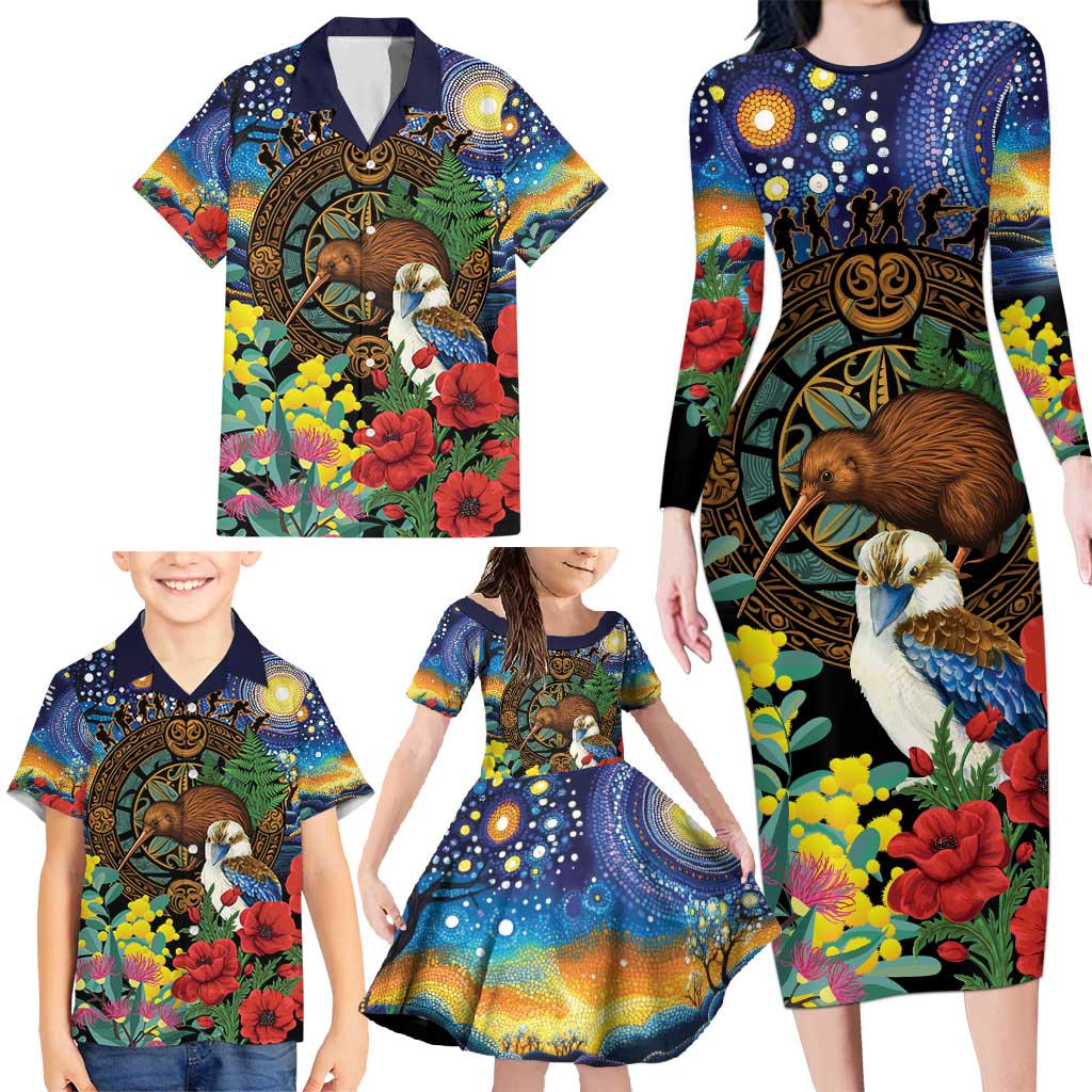Kiwi-Kookaburra Bird ANZAC Personalised Family Matching Long Sleeve Bodycon Dress and Hawaiian Shirt Aussie Golden Wattle Poppy Flowers LT9 - Polynesian Pride