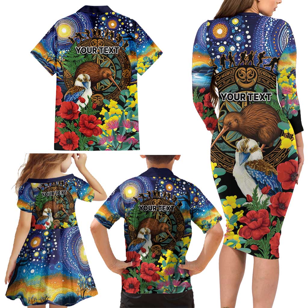 Kiwi-Kookaburra Bird ANZAC Personalised Family Matching Long Sleeve Bodycon Dress and Hawaiian Shirt Aussie Golden Wattle Poppy Flowers LT9 - Polynesian Pride