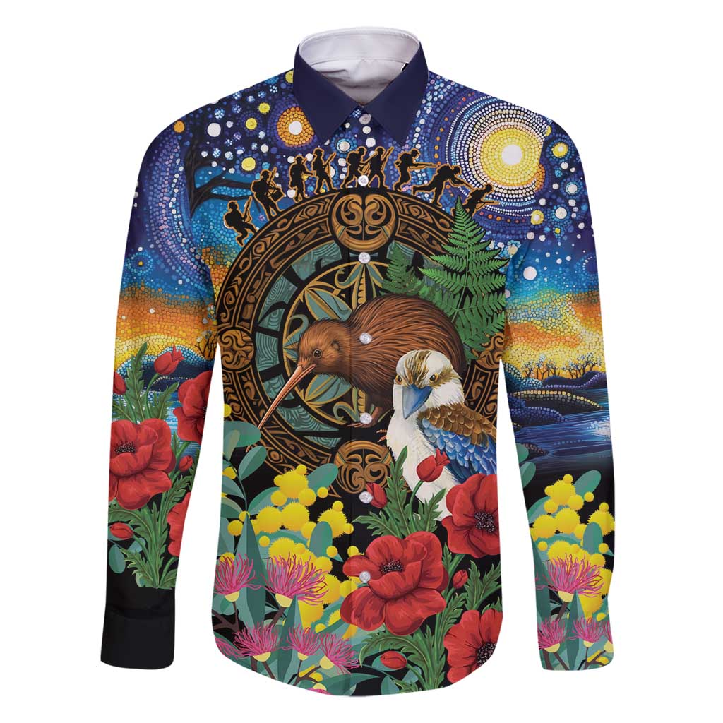 Kiwi-Kookaburra Bird ANZAC Personalised Family Matching Long Sleeve Bodycon Dress and Hawaiian Shirt Aussie Golden Wattle Poppy Flowers LT9 Dad's Shirt - Long Sleeve Blue - Polynesian Pride
