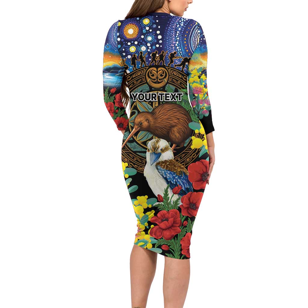 Kiwi-Kookaburra Bird ANZAC Personalised Family Matching Long Sleeve Bodycon Dress and Hawaiian Shirt Aussie Golden Wattle Poppy Flowers LT9 - Polynesian Pride