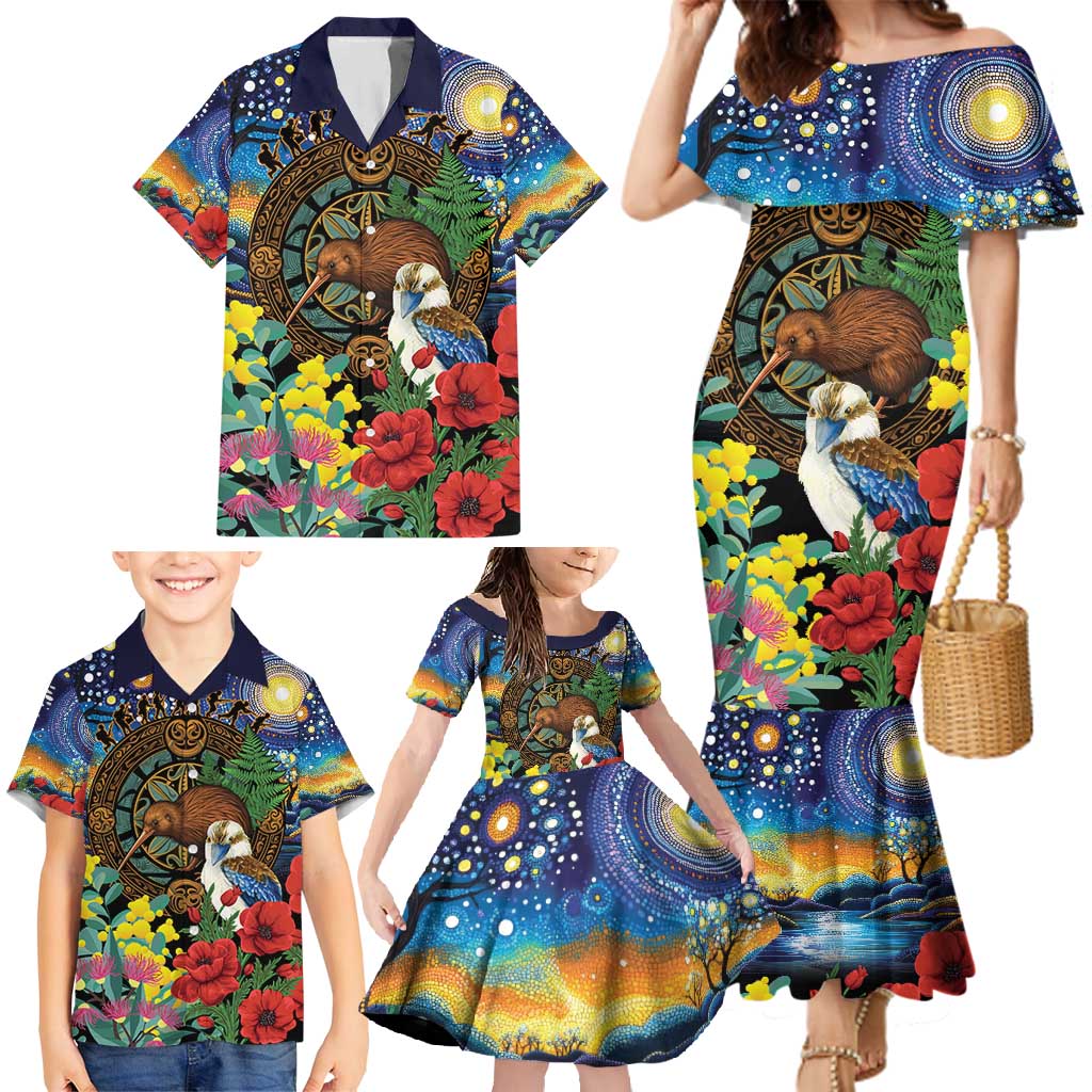 Kiwi-Kookaburra Bird ANZAC Personalised Family Matching Mermaid Dress and Hawaiian Shirt Aussie Golden Wattle Poppy Flowers LT9 - Polynesian Pride